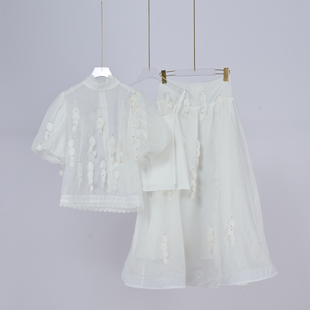 Ladies with sling tops lace cstand collar skirt 3pcs set