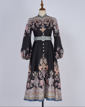 Long cstand collar printing long sleeve buckle dress
