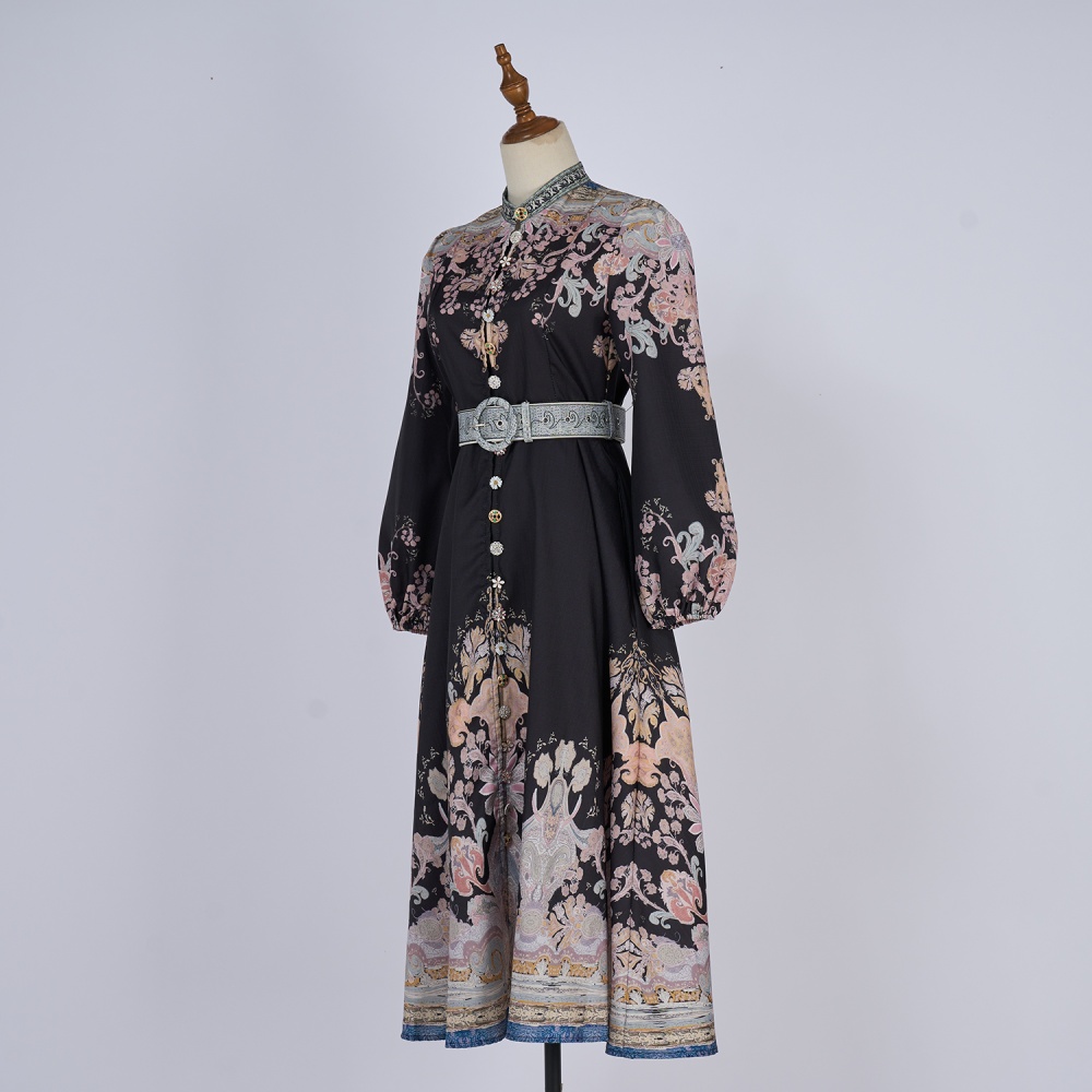 Long cstand collar printing long sleeve buckle dress