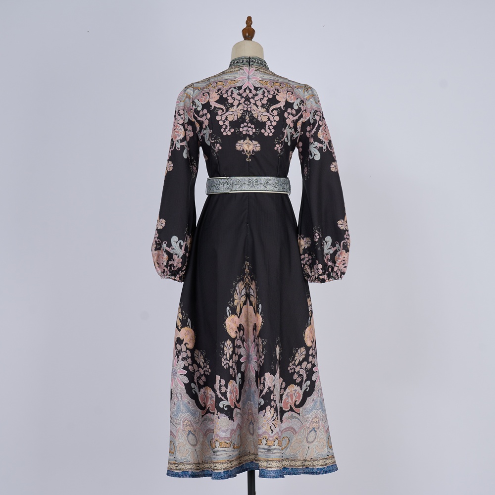 Long cstand collar printing long sleeve buckle dress