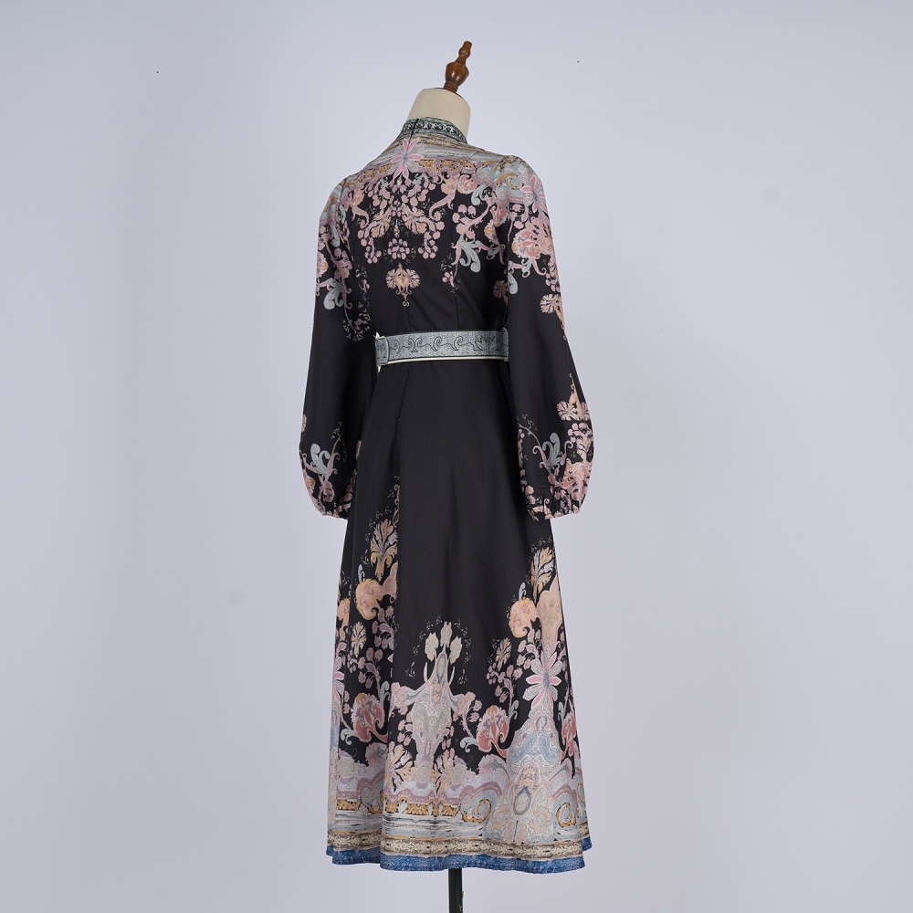 Long cstand collar printing long sleeve buckle dress