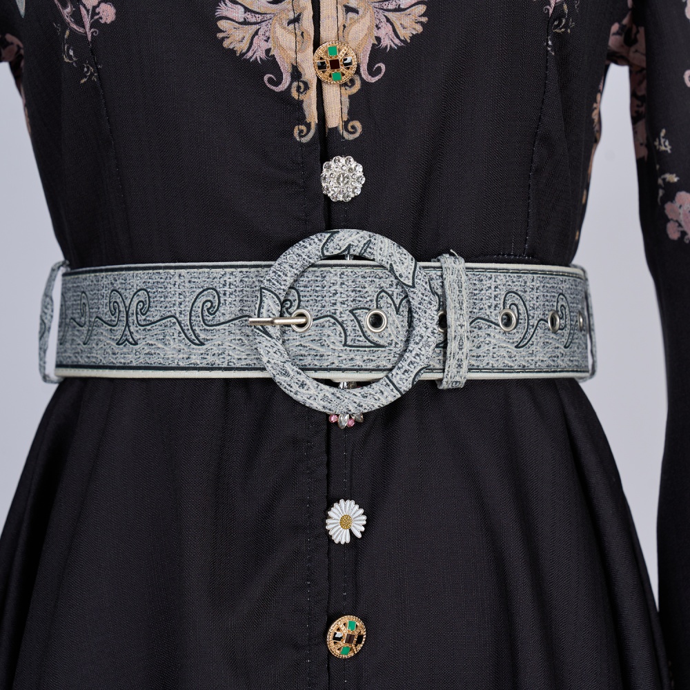 Long cstand collar printing long sleeve buckle dress