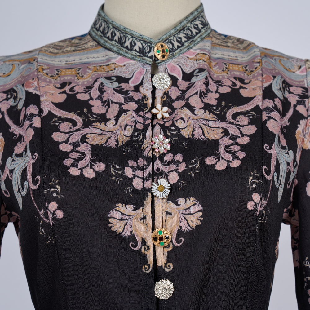 Long cstand collar printing long sleeve buckle dress