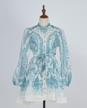 Seaside summer printing dress blue retro T-back
