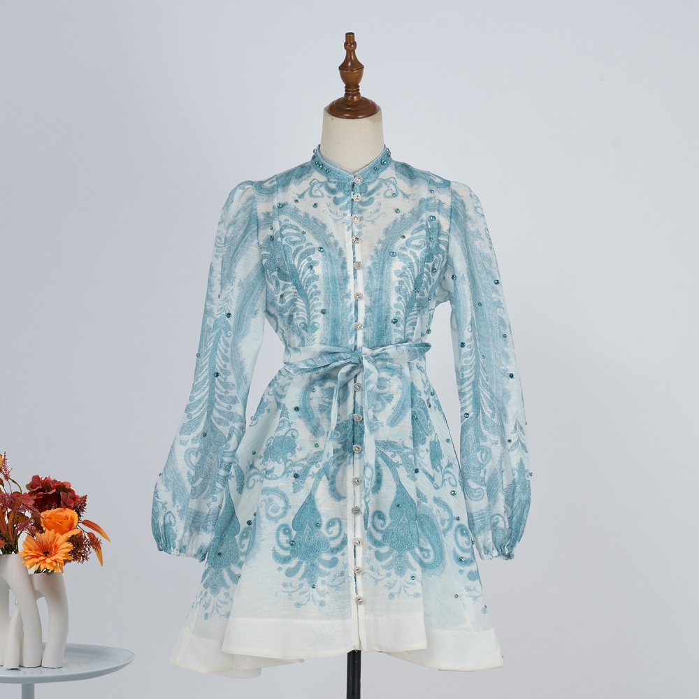 Seaside summer printing dress blue retro T-back