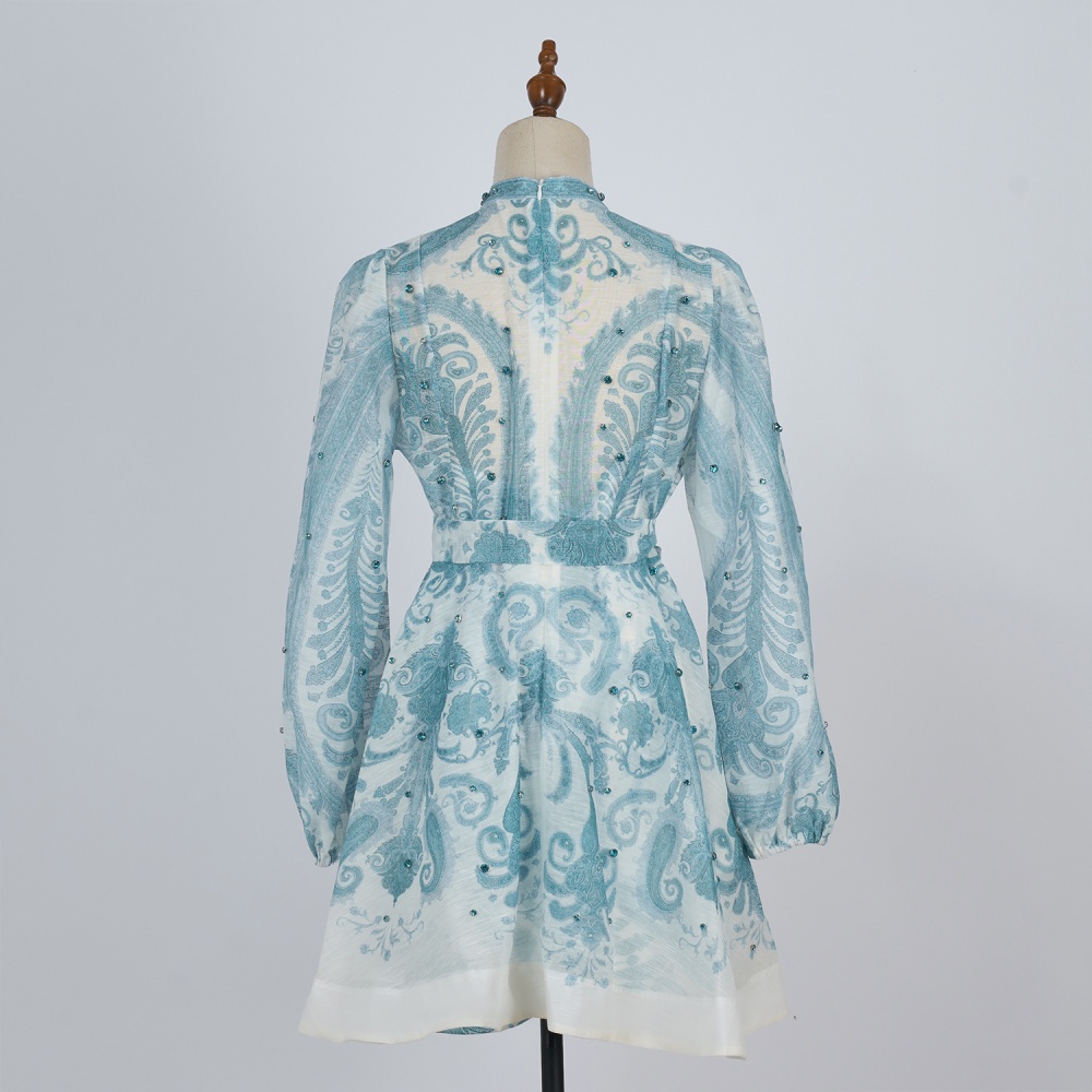 Seaside summer printing dress blue retro T-back