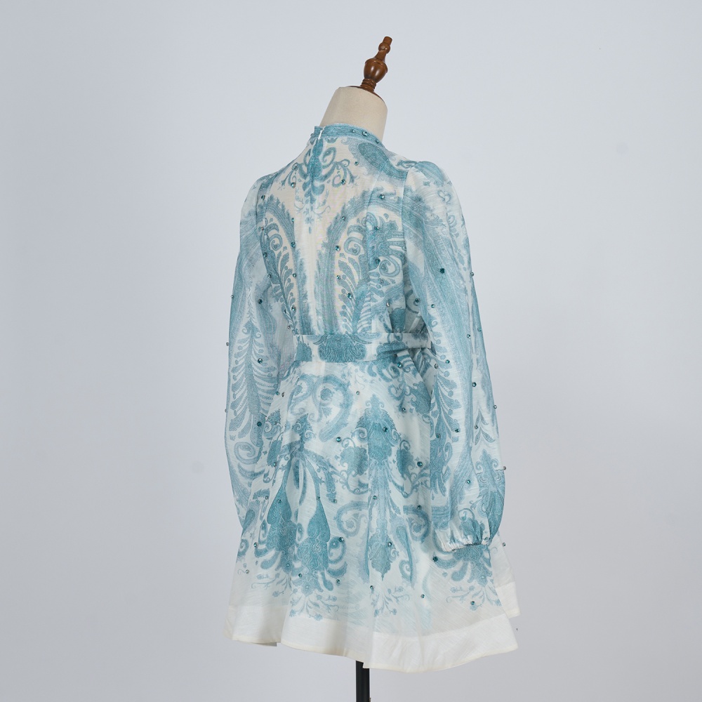 Seaside summer printing dress blue retro T-back