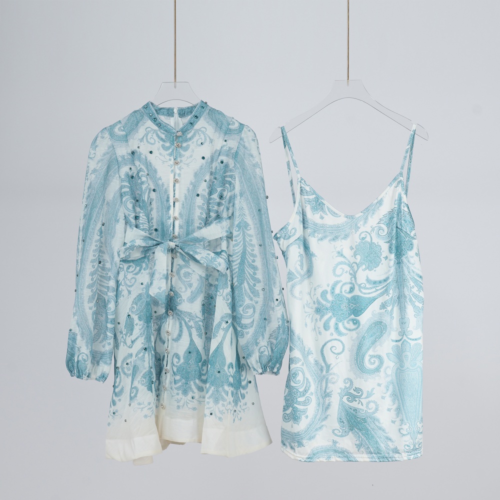 Seaside summer printing dress blue retro T-back