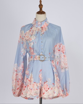 Printing cstand collar belt wide leg single-breasted shirt