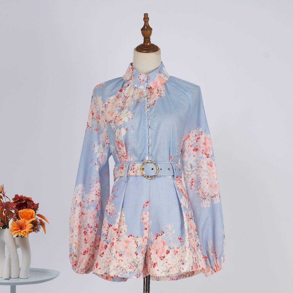 Printing cstand collar belt wide leg single-breasted shirt