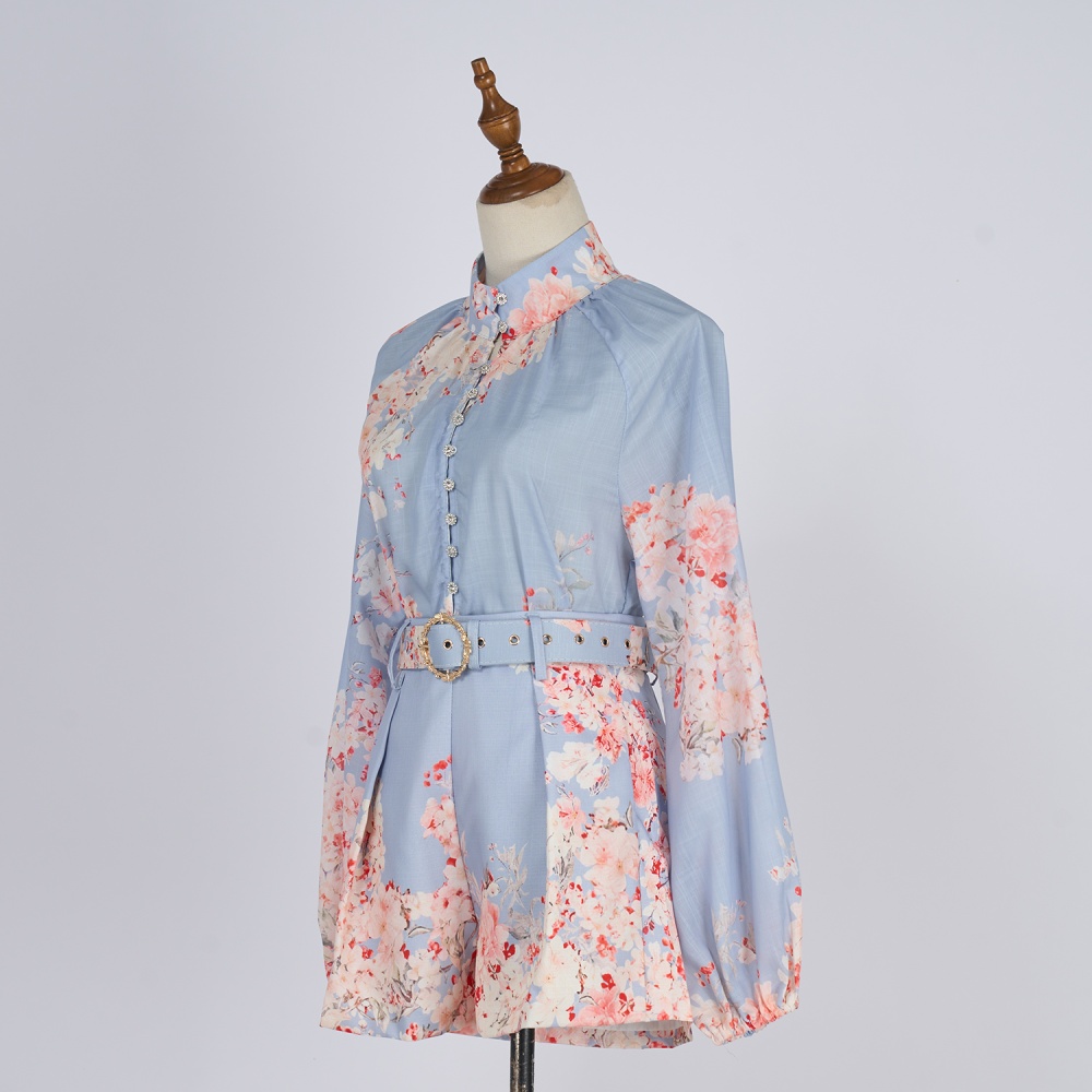 Printing cstand collar belt wide leg single-breasted shirt