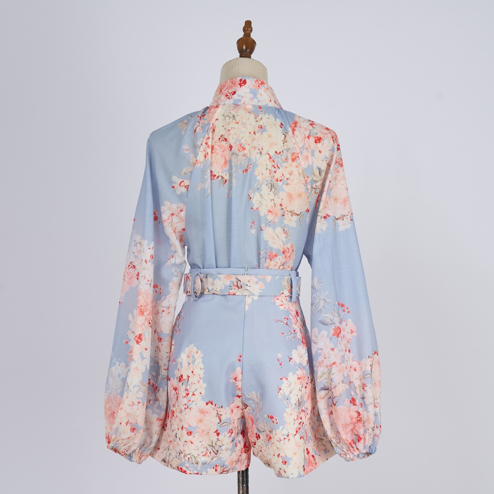Printing cstand collar belt wide leg single-breasted shirt
