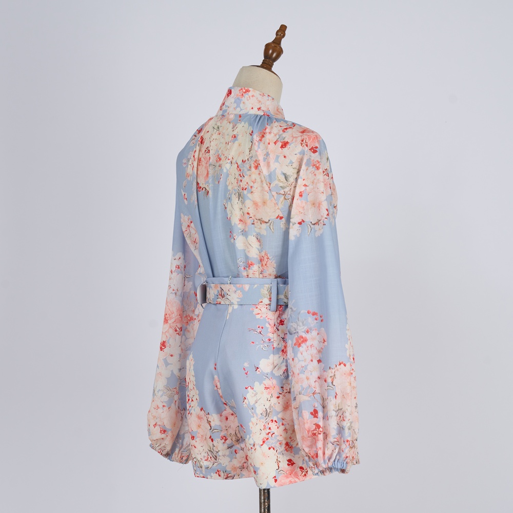 Printing cstand collar belt wide leg single-breasted shirt