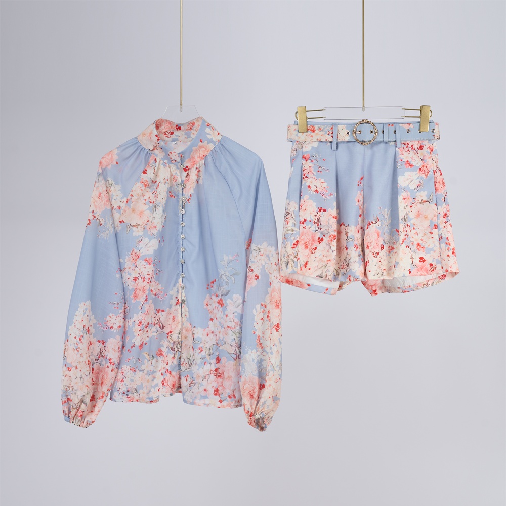 Printing cstand collar belt wide leg single-breasted shirt