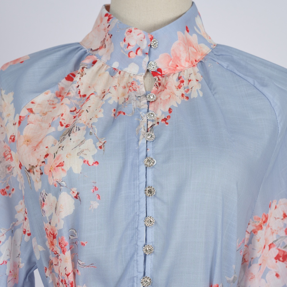Printing cstand collar belt wide leg single-breasted shirt