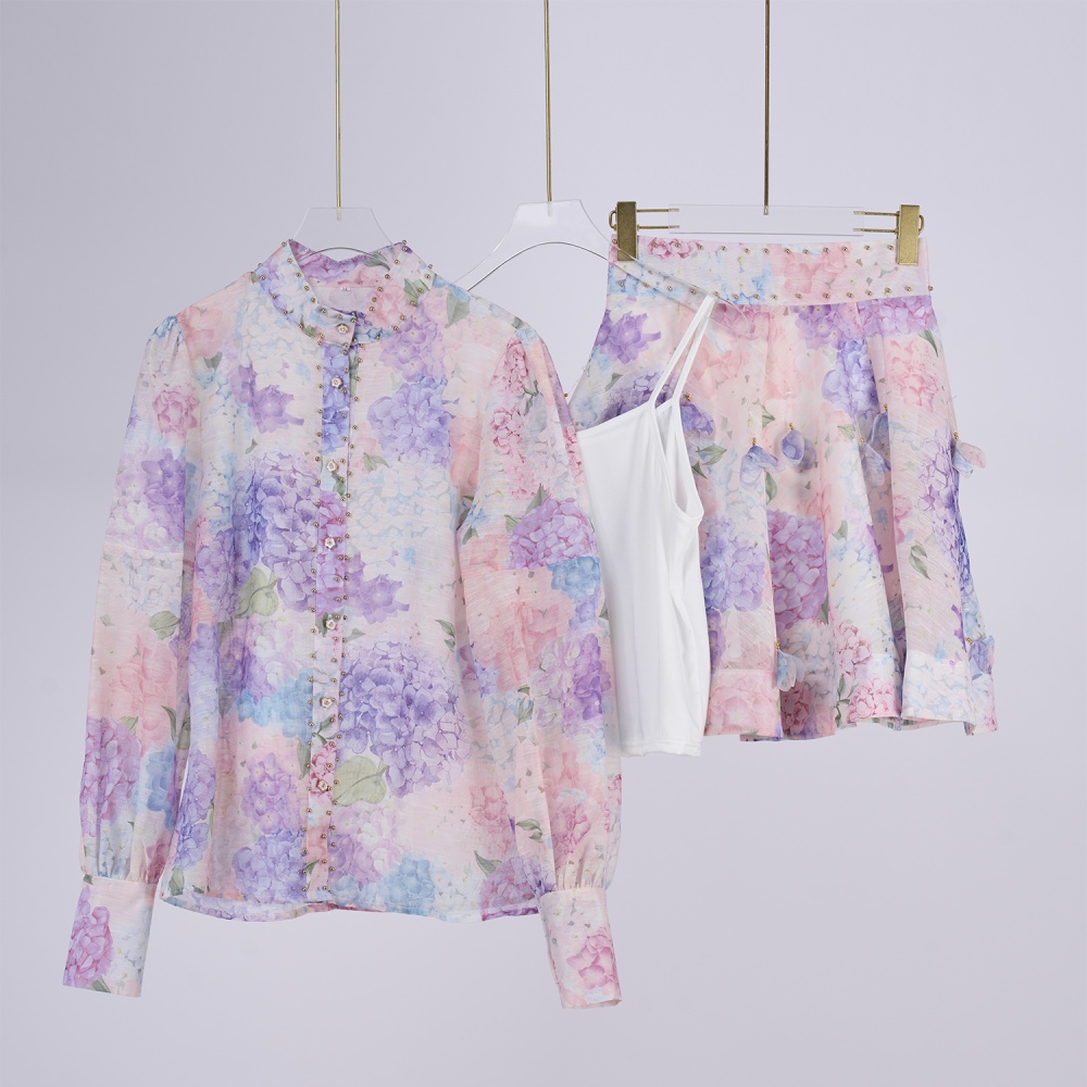 Retro long sleeve tops France style skirt a set