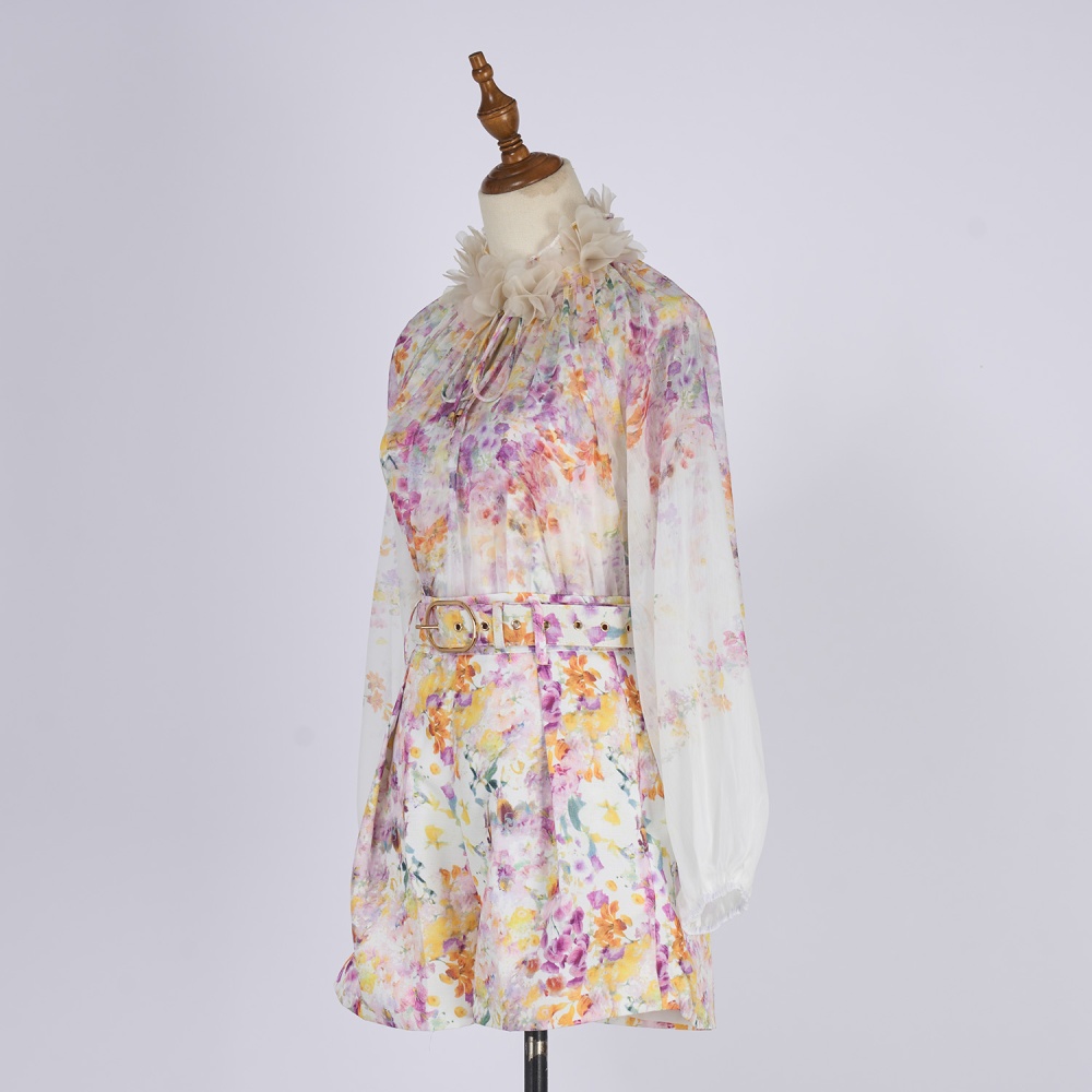 Silk puff sleeve tops lantern flax shorts a set