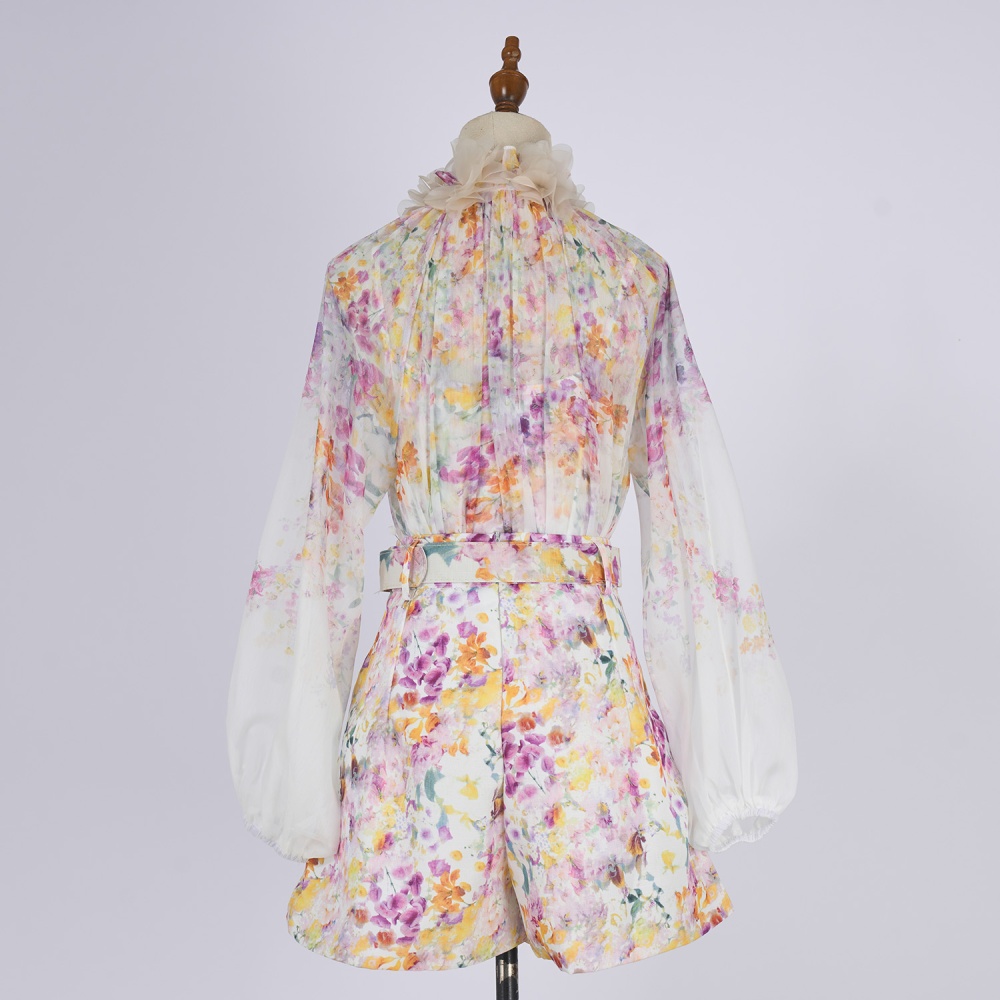 Silk puff sleeve tops lantern flax shorts a set