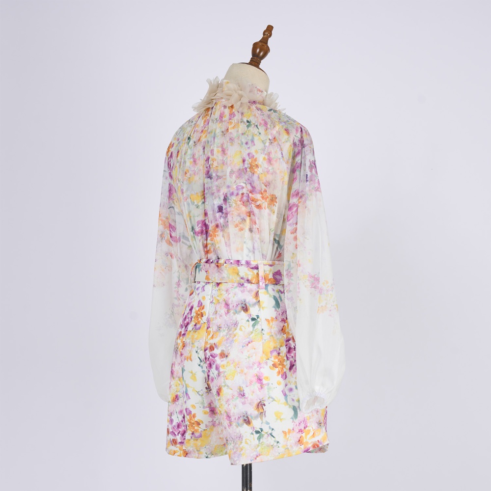 Silk puff sleeve tops lantern flax shorts a set