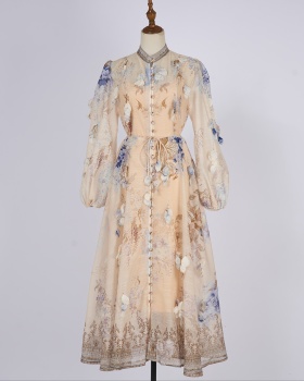Printing flowers court style long dress colors long sleeve dress