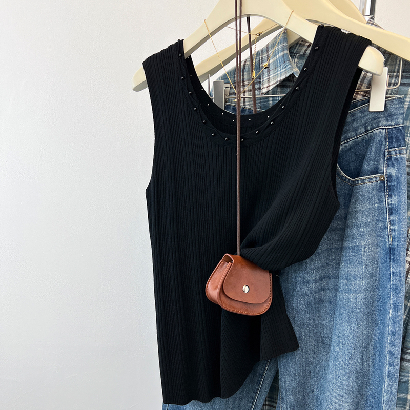 Beading summer ice silk tops knitted sling vest