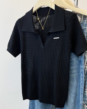 Knitted lapel tops twist summer T-shirt