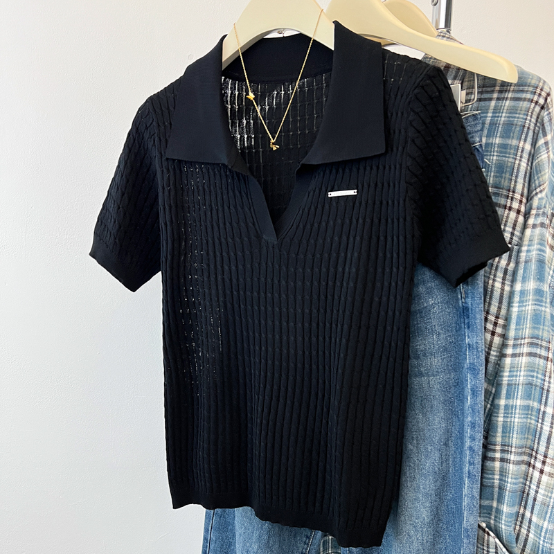 Knitted lapel tops twist summer T-shirt