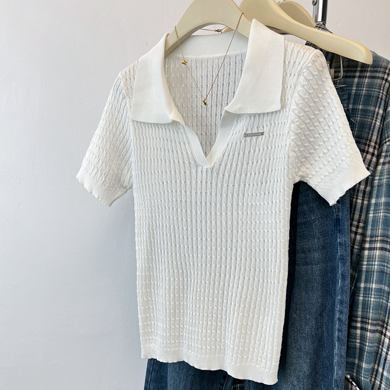 Knitted lapel tops twist summer T-shirt