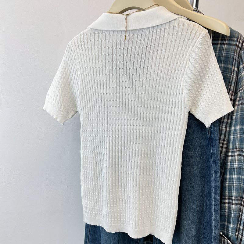 Knitted lapel tops twist summer T-shirt