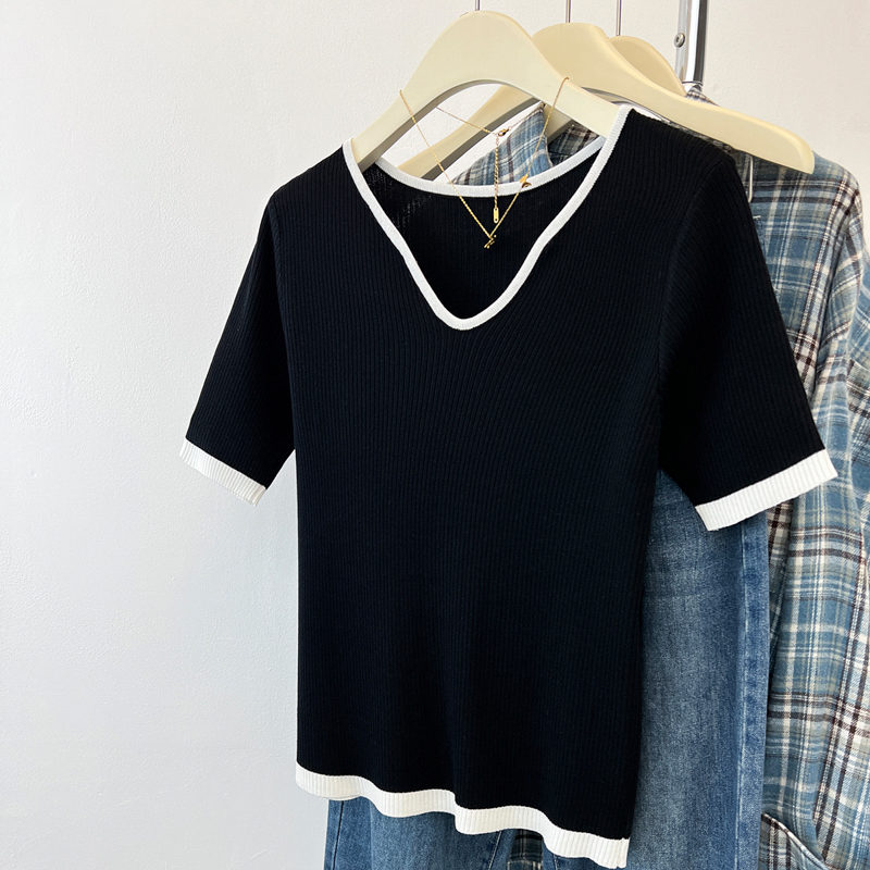 France style clavicle T-shirt V-neck summer tops