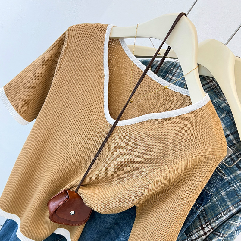 France style clavicle T-shirt V-neck summer tops
