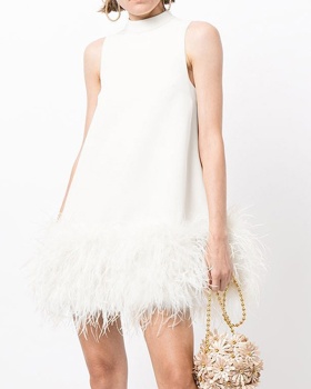 A-line sleeveless splice pure feather dress for women