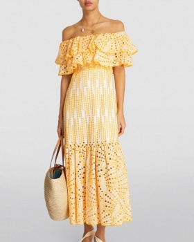 Horizontal collar embroidery hollow long dress