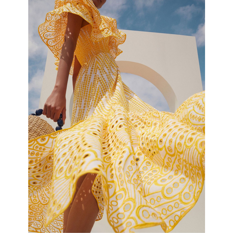 Horizontal collar embroidery hollow long dress