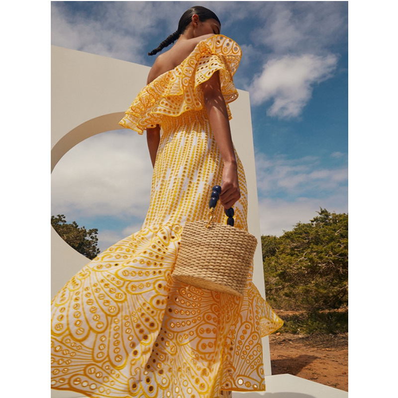Horizontal collar embroidery hollow long dress