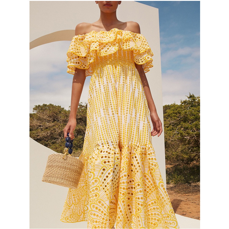 Horizontal collar embroidery hollow long dress