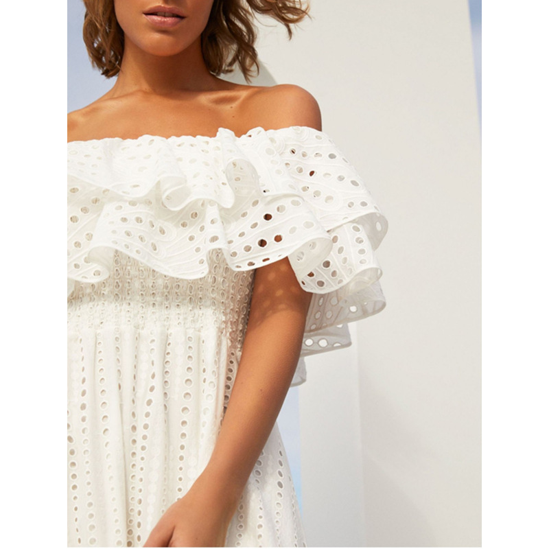 Horizontal collar embroidery hollow long dress