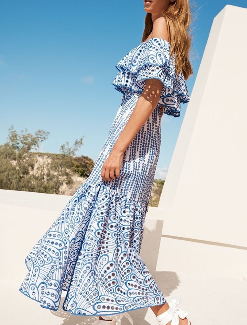 Horizontal collar embroidery hollow long dress