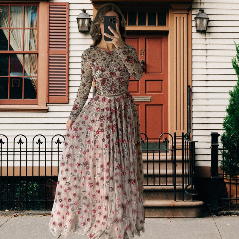 Long sleeve European style long flowers sexy dress