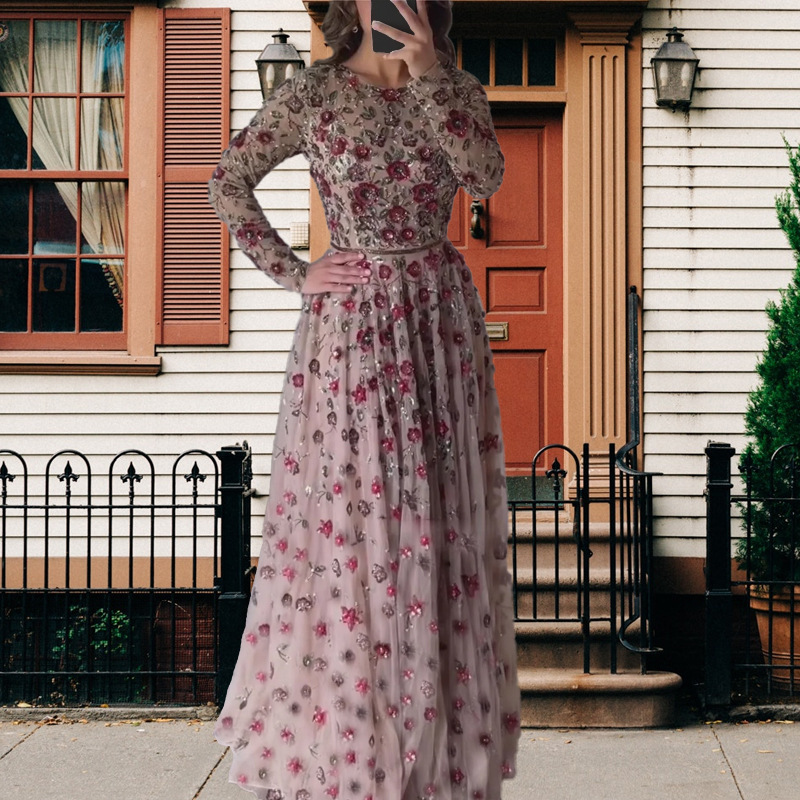 Long sleeve European style long flowers sexy dress
