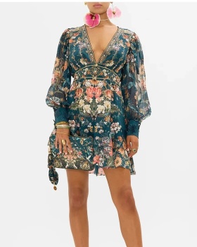 Court style autumn and winter T-back retro V-neck jumpsuit
