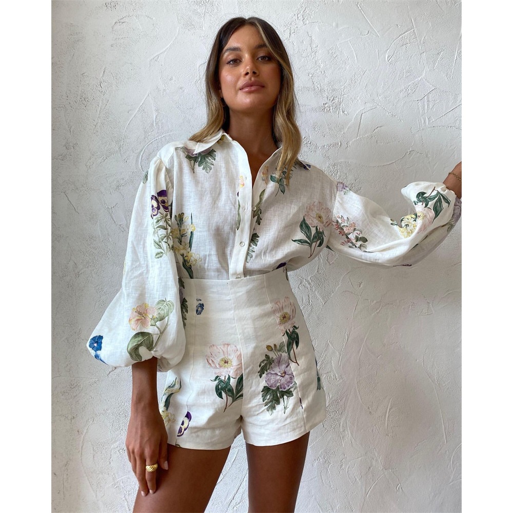 Flowers temperament shirt commuting lady tops a set