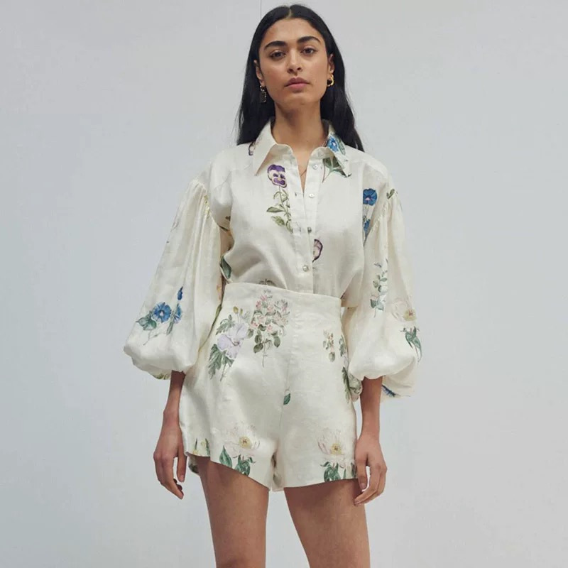 Flowers temperament shirt commuting lady tops a set