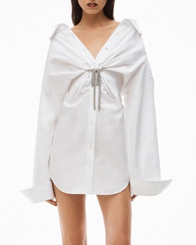 Crystal decoration fashion shirt lapel dress