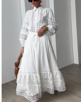 Embroidery colors shirt hollow long short skirt a set for women