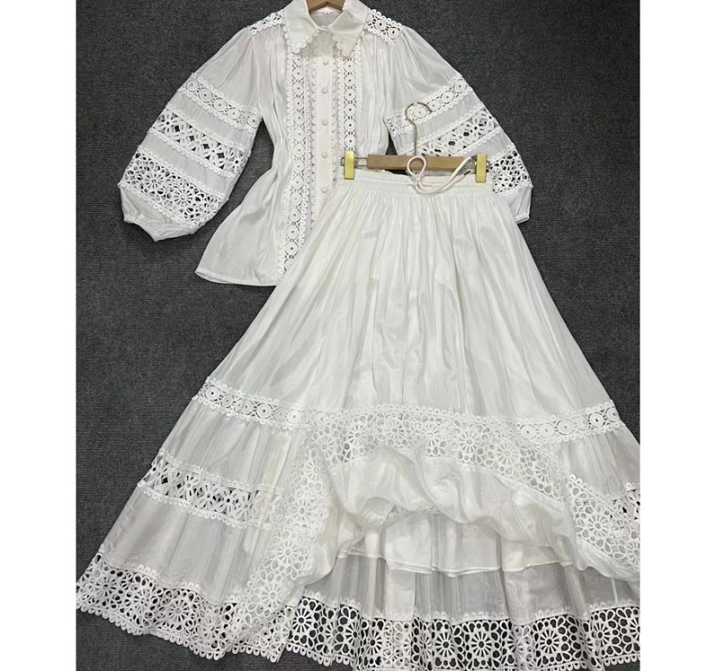 Embroidery colors shirt hollow long short skirt a set for women