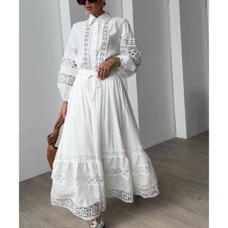Embroidery colors shirt hollow long short skirt a set for women