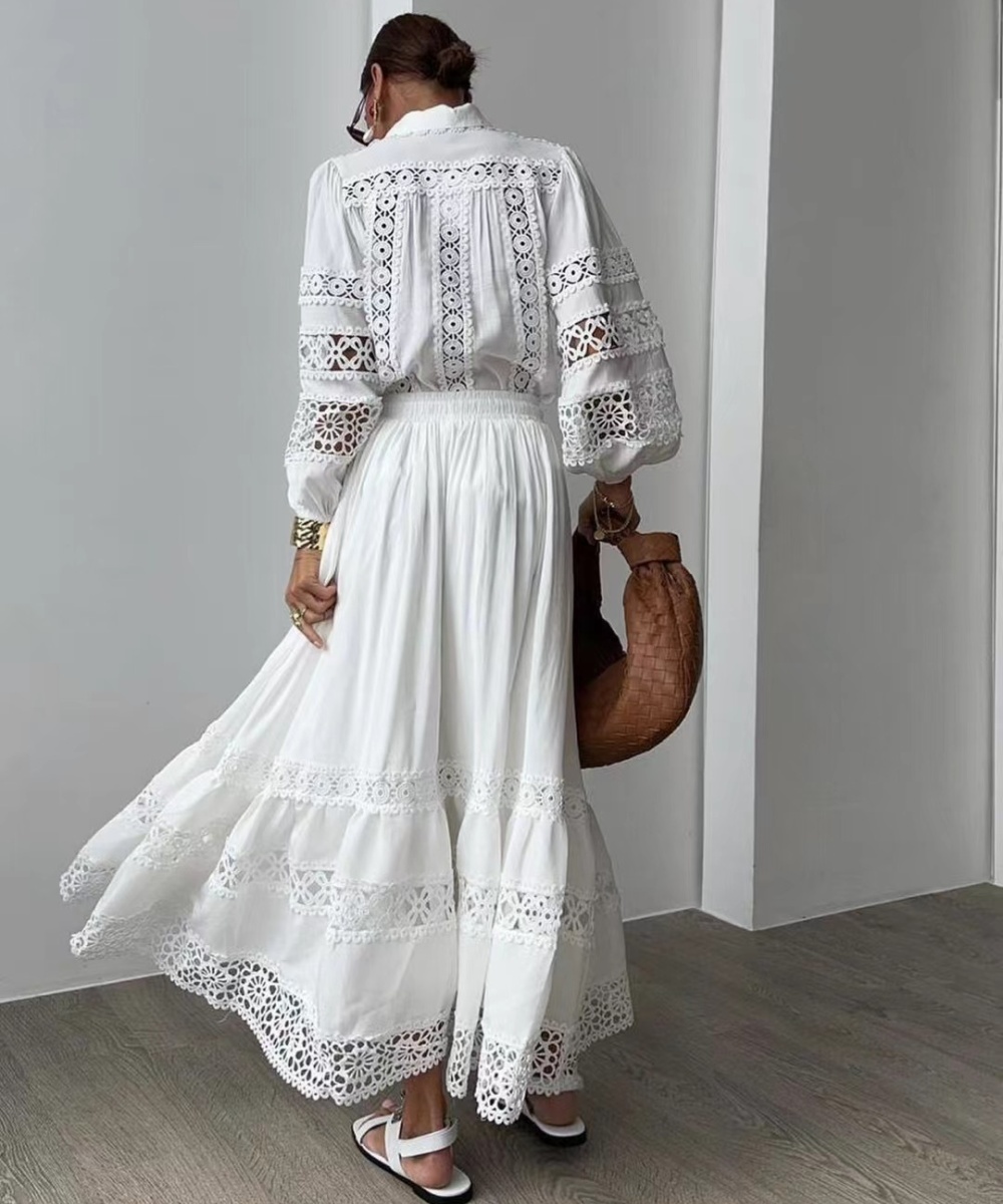 Embroidery colors shirt hollow long short skirt a set for women