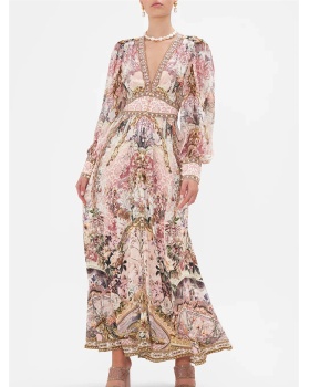 Printing V-neck niche jumpsuit big skirt retro long dress