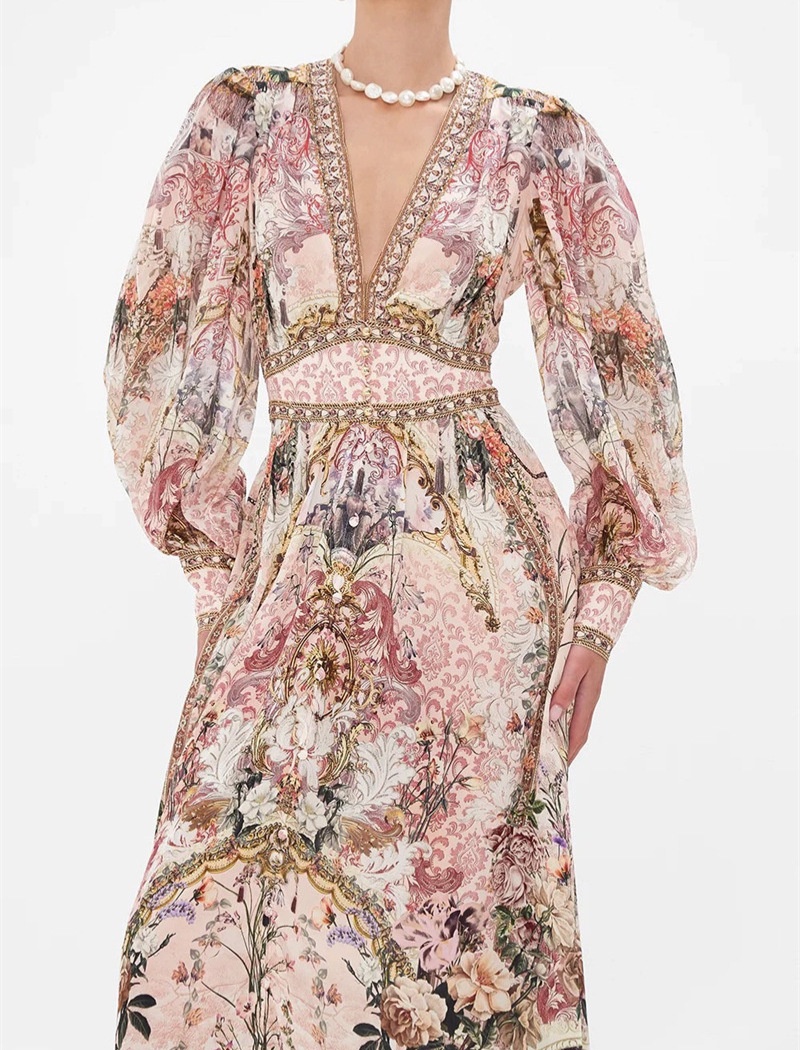 Printing V-neck niche jumpsuit big skirt retro long dress